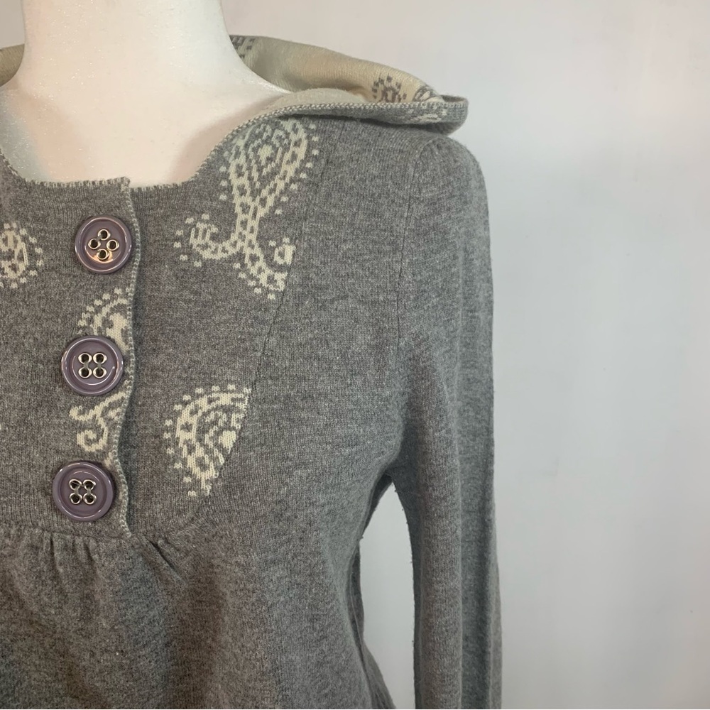 Lapis Wool Hoodie Sweater Tunic Fluted Sleeve Empire Waist Paisley Grey Cream M - Picture 6 of 16